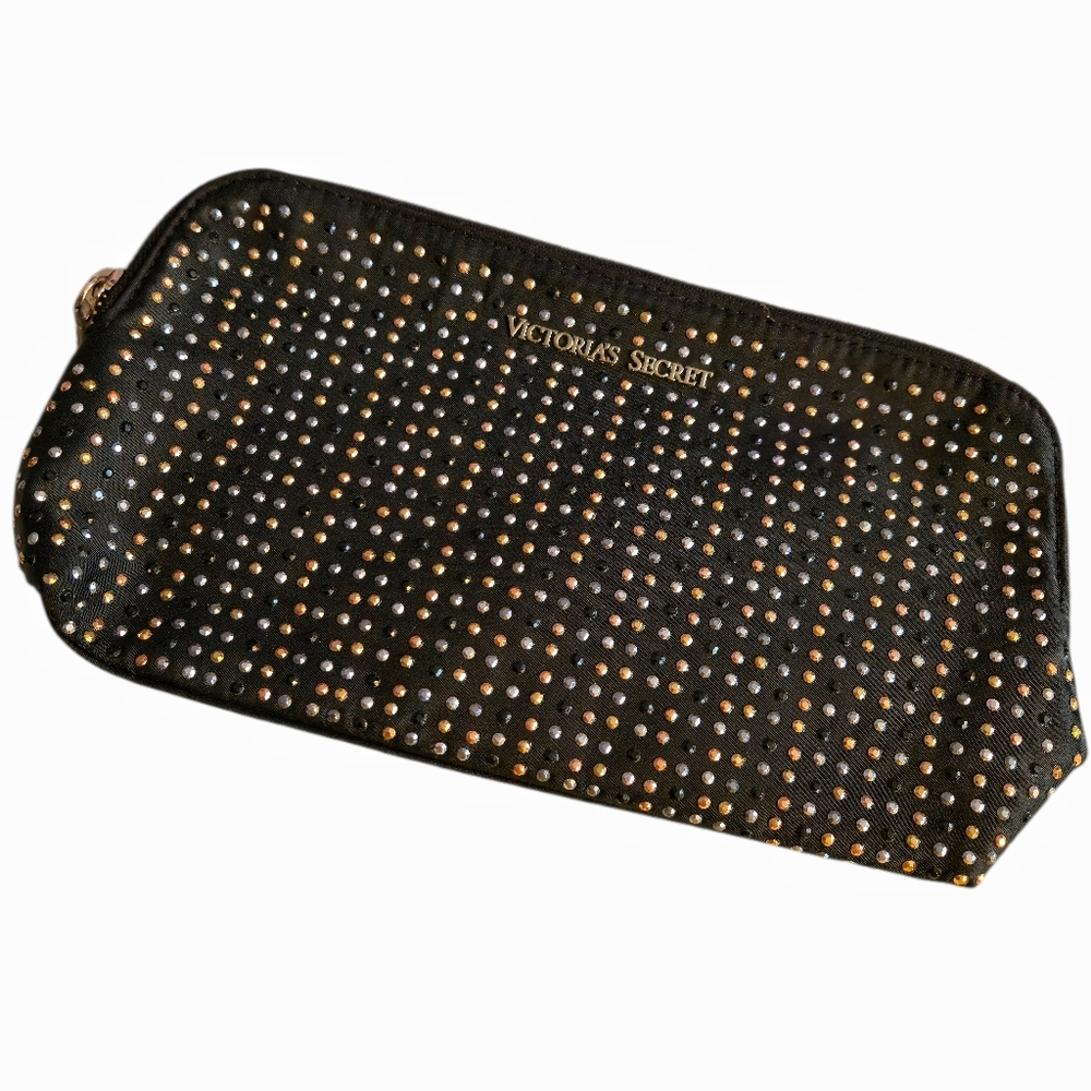 Black Victoria's Secret makeup bag with silver, gold & black rhinestone Accents